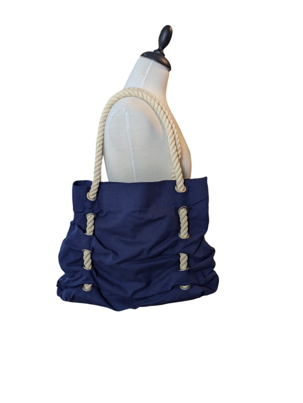 Nautica Tote Bag Purse Navy Blue Canvas Rope Cruise Vacation Travel 12”X 18”